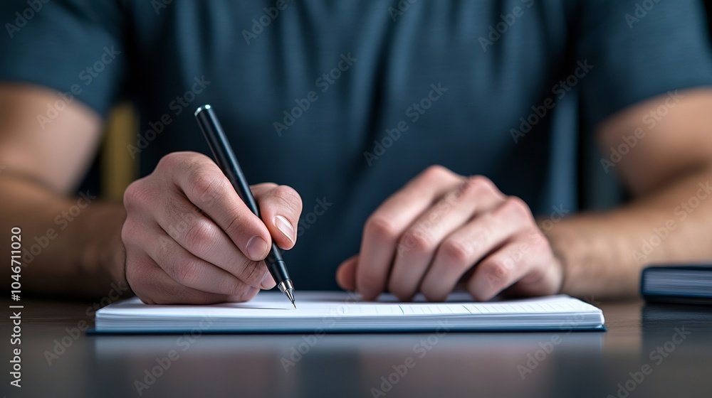 Close-up of a hand jotting down notes on a pad of paper, surrounded by pens and reference books, perfect for National Novel Writing Month brainstorming Close-up of a hand jotting down notes on a pad of paper, surrounded by pens and reference books, perfect for National Novel Writing Month brainstorming