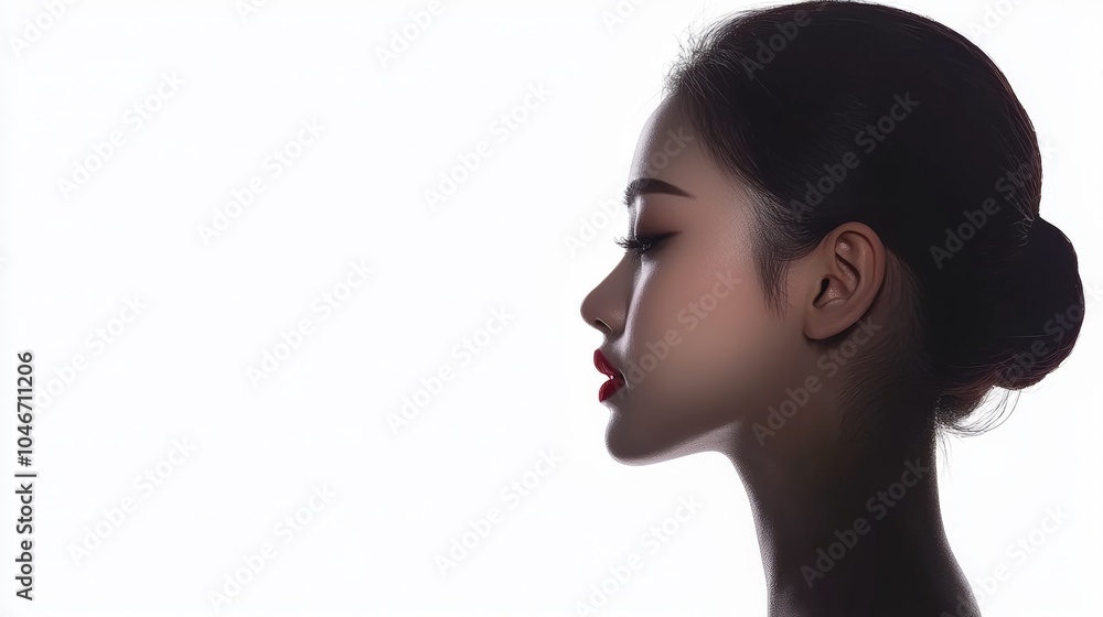 A profile view of a woman's elegant silhouette against a bright background, emphasizing her delicate features and graceful posture. A profile view of a woman's elegant silhouette against a bright background, emphasizing her delicate features and graceful posture.