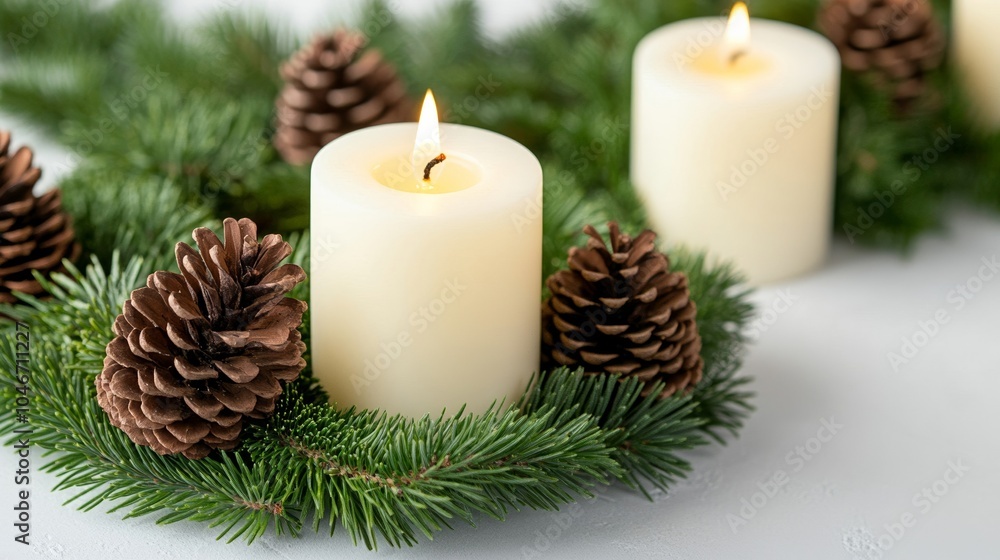 Close-up of evergreen wreath with candles and pinecones, symbolizing nature’s endurance during Winter Solstice celebrations Close-up of evergreen wreath with candles and pinecones, symbolizing nature’s endurance during Winter Solstice celebrations