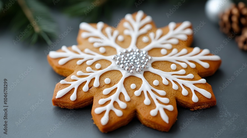 Close-up of an intricately decorated gingerbread snowflake, with delicate white icing and silver sprinkles for Gingerbread Decorating Day Close-up of an intricately decorated gingerbread snowflake, with delicate white icing and silver sprinkles for Gingerbread Decorating Day