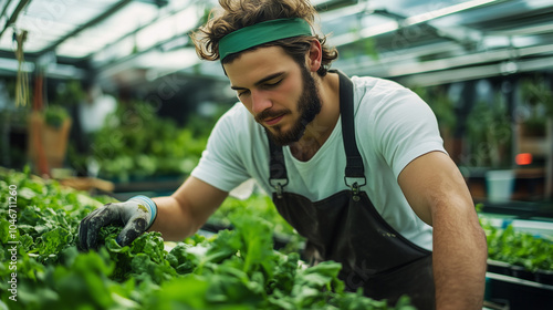 A sustainable urban farm with rooftop greenhouses, with a farmer harvesting fresh vegetables for local distribution.