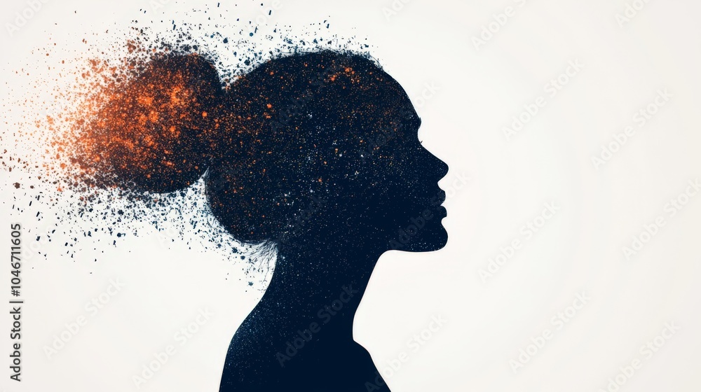 A silhouette of a woman's profile dissolving into particles, symbolizing transformation and creative thought. A silhouette of a woman's profile dissolving into particles, symbolizing transformation and creative thought.