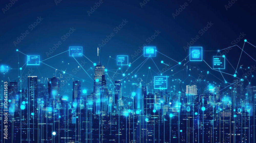 Futuristic City in Neon Blue Light at Night Futuristic City in Neon Blue Light at Night