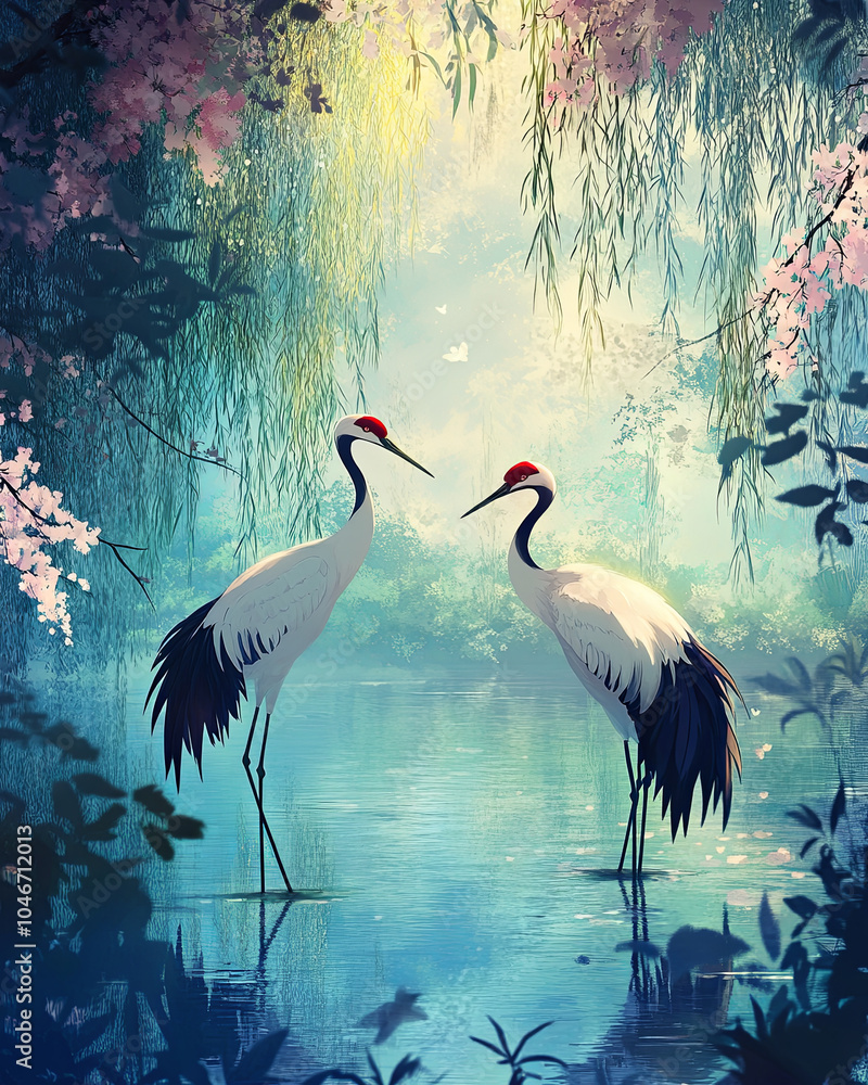 Fototapeta premium Elegant cranes stand gracefully by serene pond, surrounded by lush greenery and delicate blossoms. tranquil atmosphere evokes sense of peace and beauty in nature