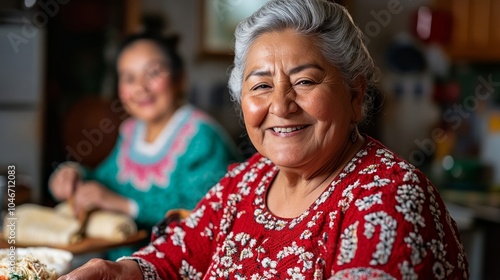 Family preparing tamales in a cozy kitchen, laughing and sharing stories, a Las Posadas tradition 