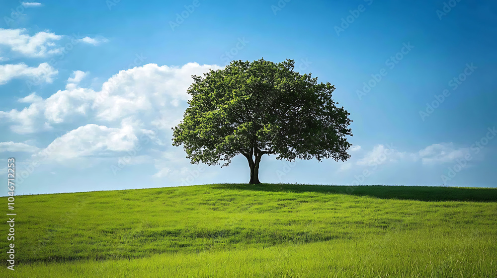 Obraz premium lone tree in green field under blue sky with fluffy clouds