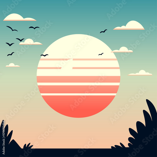 Minimalist Sunset Over Horizon vector