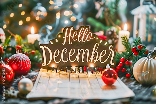 Text Hello December surrounded by Christmas decorations photo