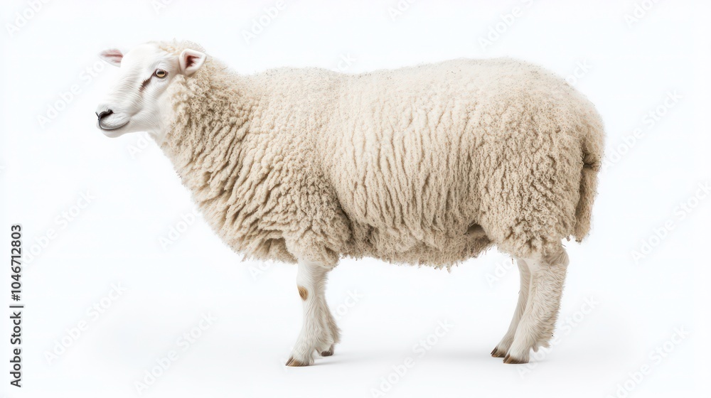 A white sheep stands on a white background, looking to the right. A white sheep stands on a white background, looking to the right.
