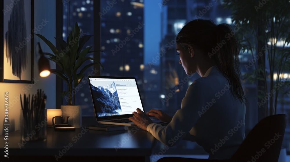 A woman is sitting at a desk with a laptop in front of her