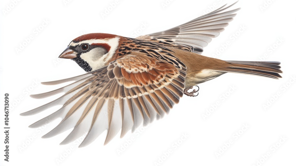 Naklejka premium Sparrow Isolated. Flying Eurasian Tree Sparrow on Adorable White Background