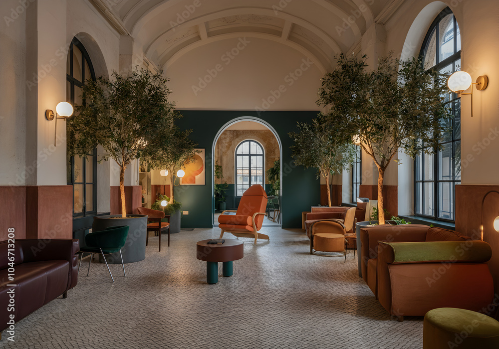 A loft with high ceilings and arched windows. Mid-century office with mahogany olive trees and hints of terracotta and dark green. 3D render. A loft with high ceilings and arched windows. Mid-century office with mahogany olive trees and hints of terracotta and dark green. 3D render.