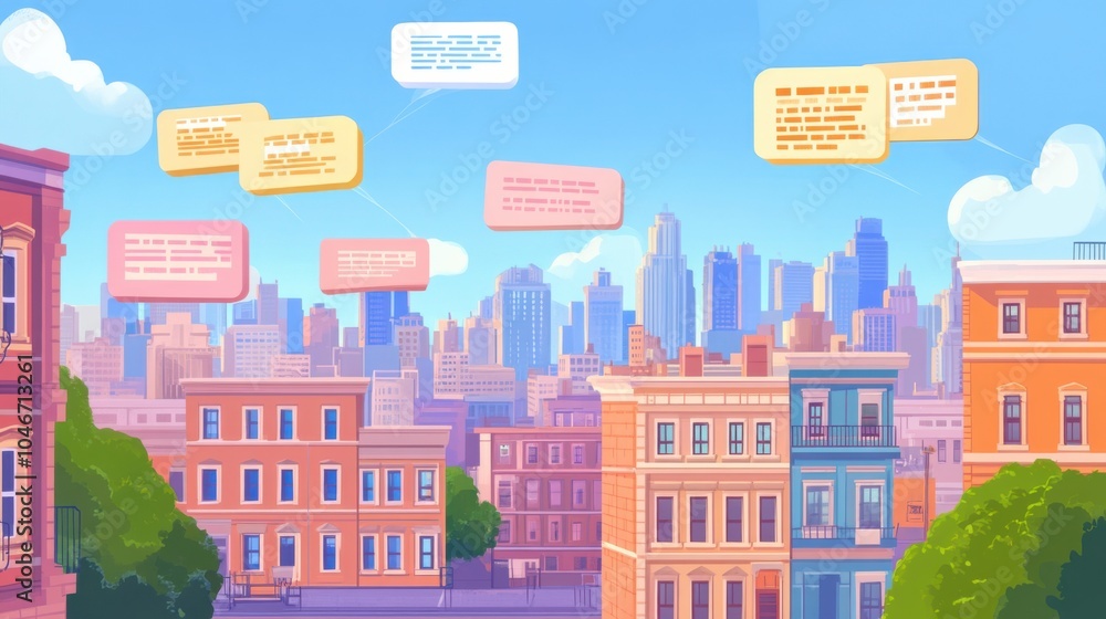 Futuristic Cityscape with Interconnected Text Bubbles Futuristic Cityscape with Interconnected Text Bubbles