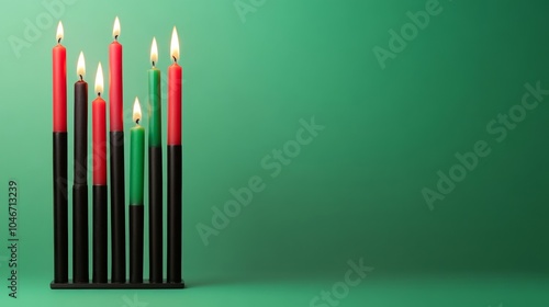 Kwanzaa kinara with radiant red black and green candles isolated on a gradient background 