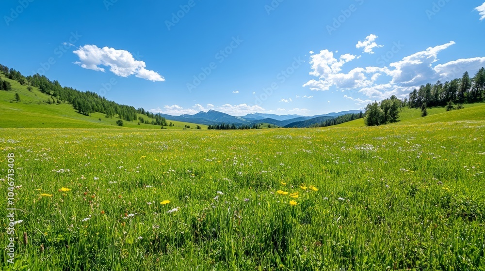 Lush green mountain meadows filled with wildflowers under a bright blue sky, showcasing nature’s vibrancy for International Mountain Day Lush green mountain meadows filled with wildflowers under a bright blue sky, showcasing nature’s vibrancy for International Mountain Day