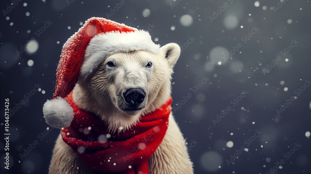 Real Polar Bear in Santa’s hat and red scarf on a winter landscape. Copy space photography for winter holidays and Christmas greeting card and seasonal banner. Real Polar Bear in Santa’s hat and red scarf on a winter landscape. Copy space photography for winter holidays and Christmas greeting card and seasonal banner.