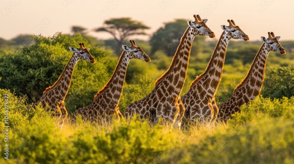 Fototapeta premium A group of giraffes standing gracefully in a lush, green landscape during sunset.