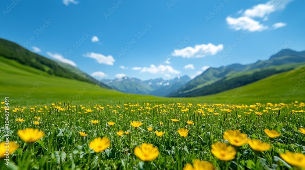 Lush green mountain meadows filled with wildflowers under a bright blue sky, showcasing nature’s vibrancy for International Mountain Day Lush green mountain meadows filled with wildflowers under a bright blue sky, showcasing nature’s vibrancy for International Mountain Day