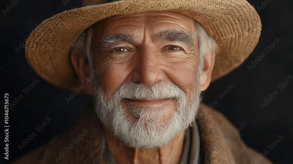 warm smile from old man wearing straw hat, radiating kindness and wisdom warm smile from old man wearing straw hat, radiating kindness and wisdom