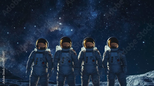 Four astronauts stand on a lunar surface, gazing at the starry night sky above. The Milky Way stretches across the sky.