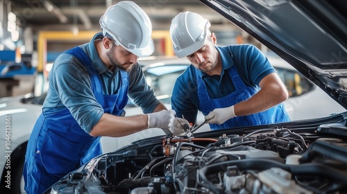 Team of two mechanics repairing car engine in factory. Two mechanics work together to repair and assemble a car engine in an automotive factory, ensuring optimal performance. photo