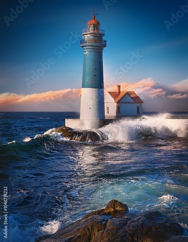 Faro marino abrazo del mar, en un día azulado conn nuves photo