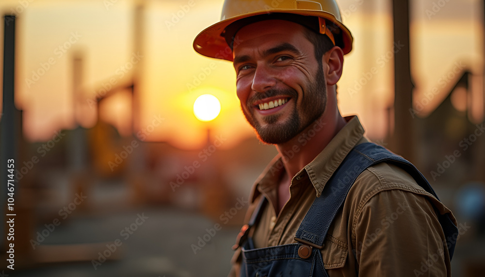 Happy construction worker smiling at sunset after a long workday Happy construction worker smiling at sunset after a long workday