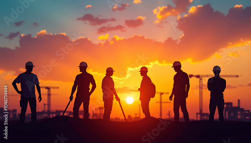 Silhouettes of construction workers at the end of daylight signaling the end of the working day