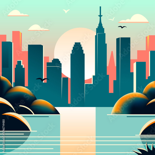 Sunset Over Urban Skyline vector