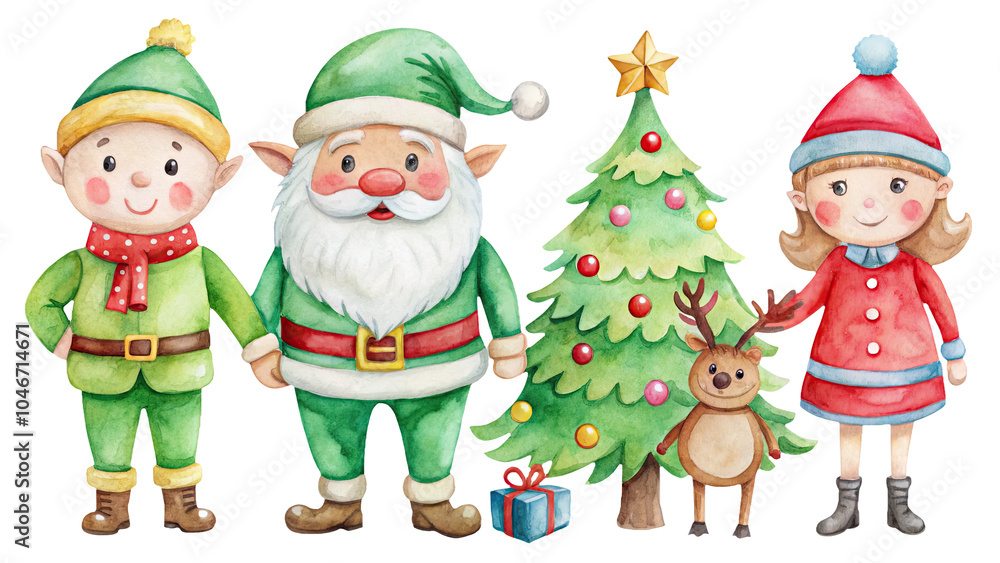 Christmas character holiday scene Santa, elves, and a Christmas tree, perfect for festive celebrations and seasonal illustrations. Christmas character holiday scene Santa, elves, and a Christmas tree, perfect for festive celebrations and seasonal illustrations.