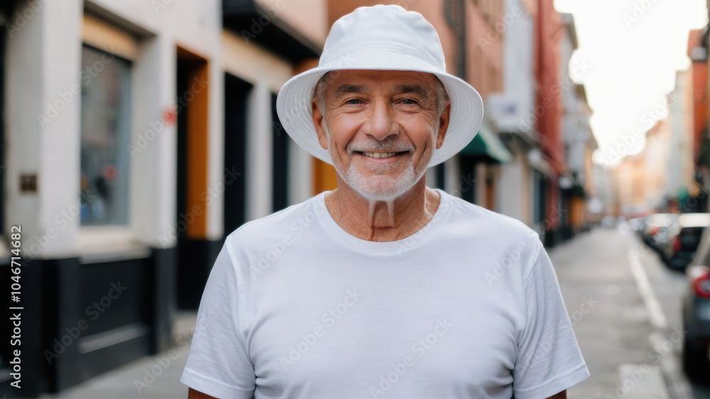 Senior man wearing white t-shirt and white bucket hat standing on the street Senior man wearing white t-shirt and white bucket hat standing on the street
