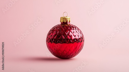 Shimmering red glass ornament with intricate gold detailing isolated on a soft gradient background 