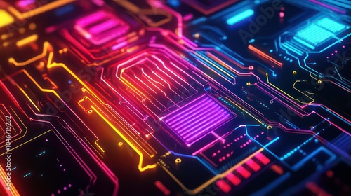 Abstract close-up of a colorful circuit board with glowing neon lines.