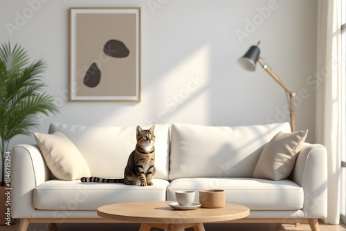 Living room interior with green sofa,cat, coffee table and poster.