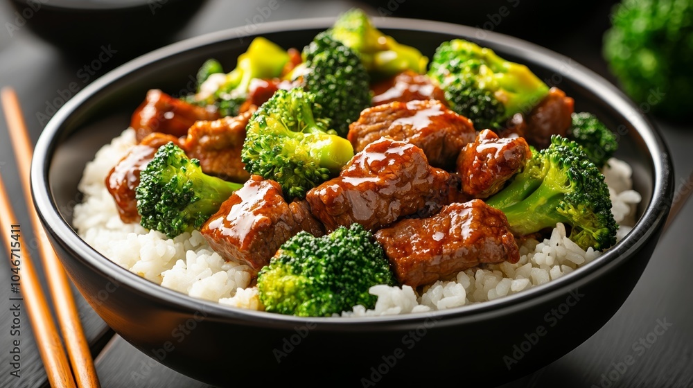 Stir-fried beef and broccoli in a rich, glossy sauce, served over steamed rice with chopsticks nearby, perfect for a quick, savory meal Stir-fried beef and broccoli in a rich, glossy sauce, served over steamed rice with chopsticks nearby, perfect for a quick, savory meal