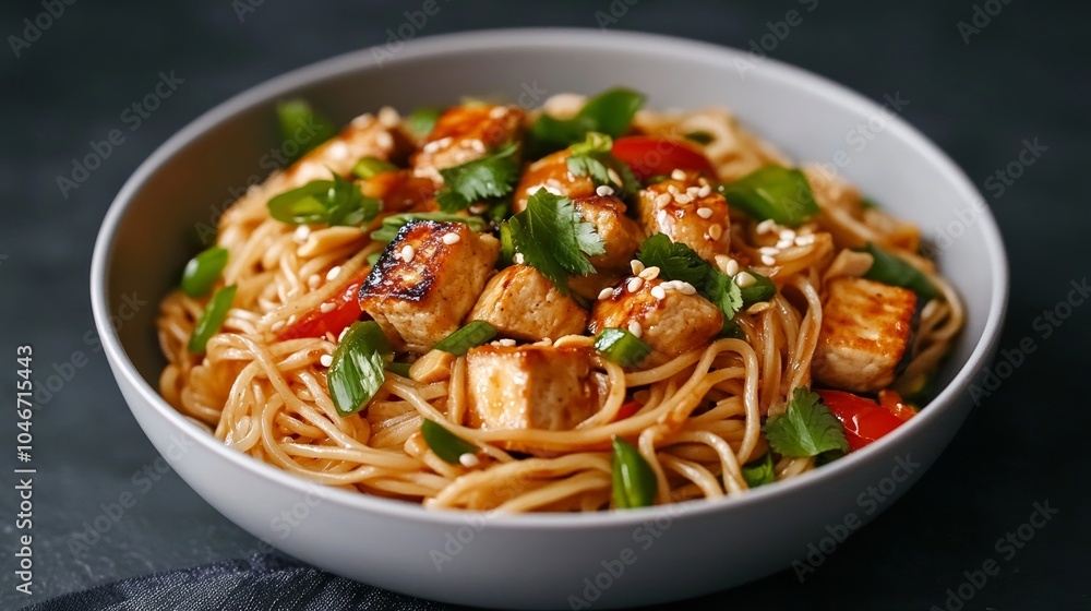 Stir-fried noodles with crispy tofu and vegetables, tossed with a tangy peanut sauce, creating a fusion of flavors and textures Stir-fried noodles with crispy tofu and vegetables, tossed with a tangy peanut sauce, creating a fusion of flavors and textures
