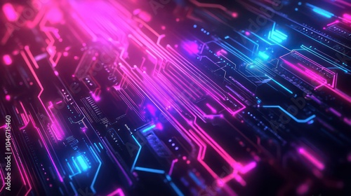 Abstract futuristic circuit board with glowing pink and blue lines.