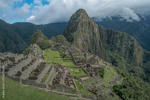 Machu Picchu looking over the ruined city towards Huayna Picchu.