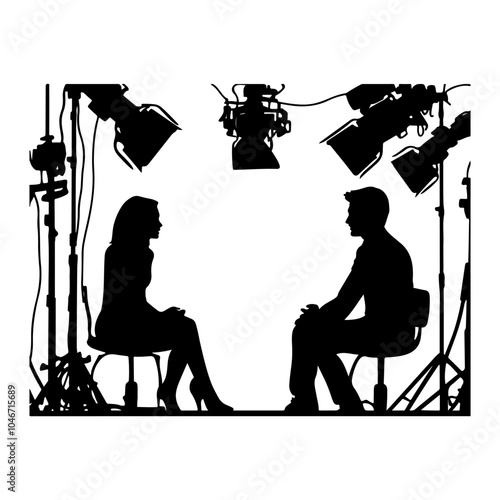 Silhouette of a man and woman being interviewed on a set with cameras, studio lights, and a white background.