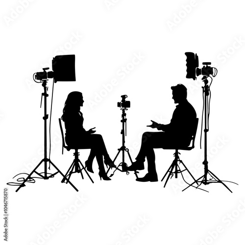 Silhouette of a man and woman being interviewed on a set with cameras, studio lights, and a white background.