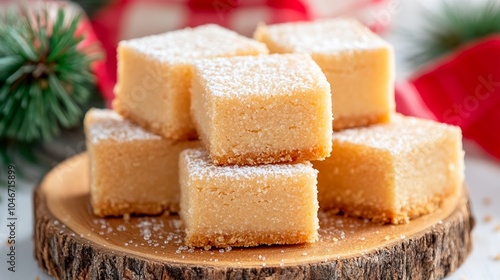 Traditional Scottish shortbread on a wooden platter, dusted with sugar, representing sweet treats for St Andrew's Day celebrations 