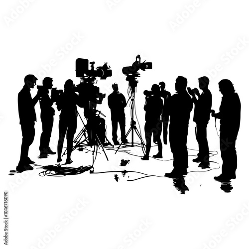 Silhouette of a man and woman being interviewed on a set with cameras, studio lights, and a white background.