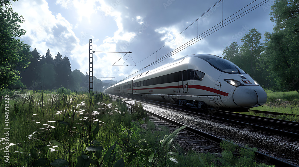 Fototapeta premium High speed train running through lush green landscape under cloudy sky