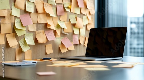 Writer’s desk cluttered with sticky notes, draft pages, and an open laptop, highlighting the chaotic process of National Novel Writing Month 