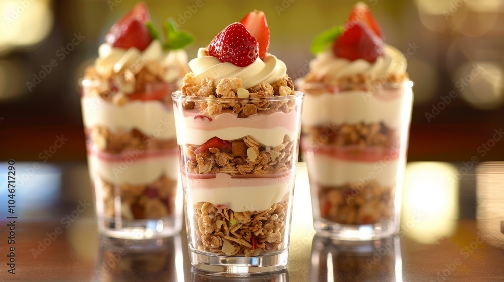 Three parfaits with granola, whipped cream, and strawberries. Three parfaits with granola, whipped cream, and strawberries.
