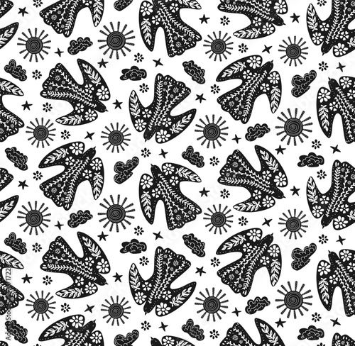 scandinavian style flying floral birds in black and white seamless pattern, vector illustration repeat folk art hand drawn design print