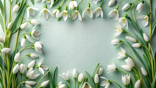 A row of Pink , red , purple and white  Snowdrop flowers isolated on blue backround  photo