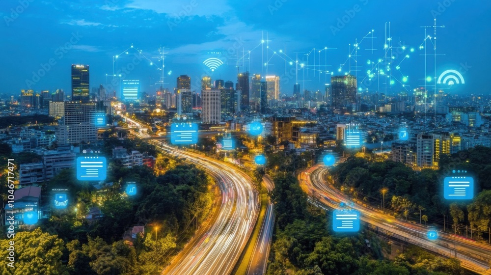 Futuristic Tech Interface Over Urban Cityscape at Dusk Futuristic Tech Interface Over Urban Cityscape at Dusk