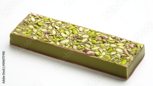 Dubai Chocolate Kunafa Pistachio on white background,Dubai Chocolate bar with green kadayif and pistachio spread,popular and viral chocolate 2024,space for text.