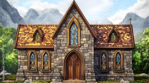 Old gothic church with stained glass windows surrounded by nature